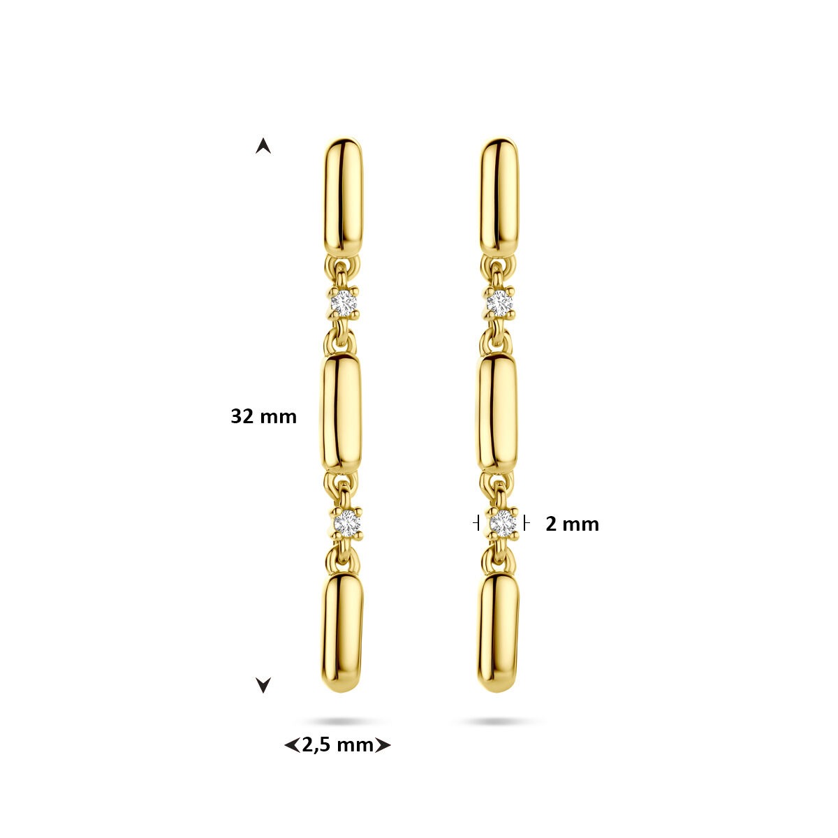 Boucles d'oreilles en or avec diamant – or jaune 14k, 0.06ct taillé brillant (2x 0.03ct) h si 32 mm