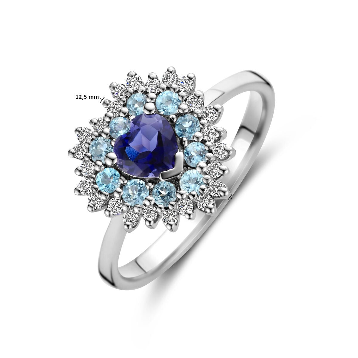 Bague en or blanc en forme de cœur – topaze londonienne, iolite et diamant