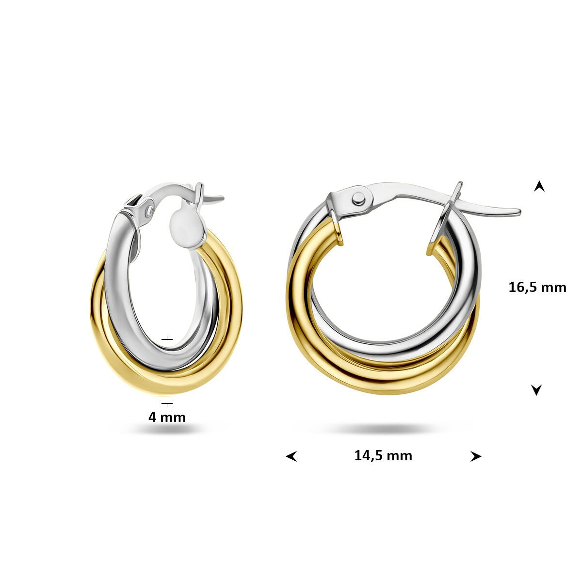 Créoles en or jaune et blanc bicolore 14k 4 mm pour femme à fermoir à charnière