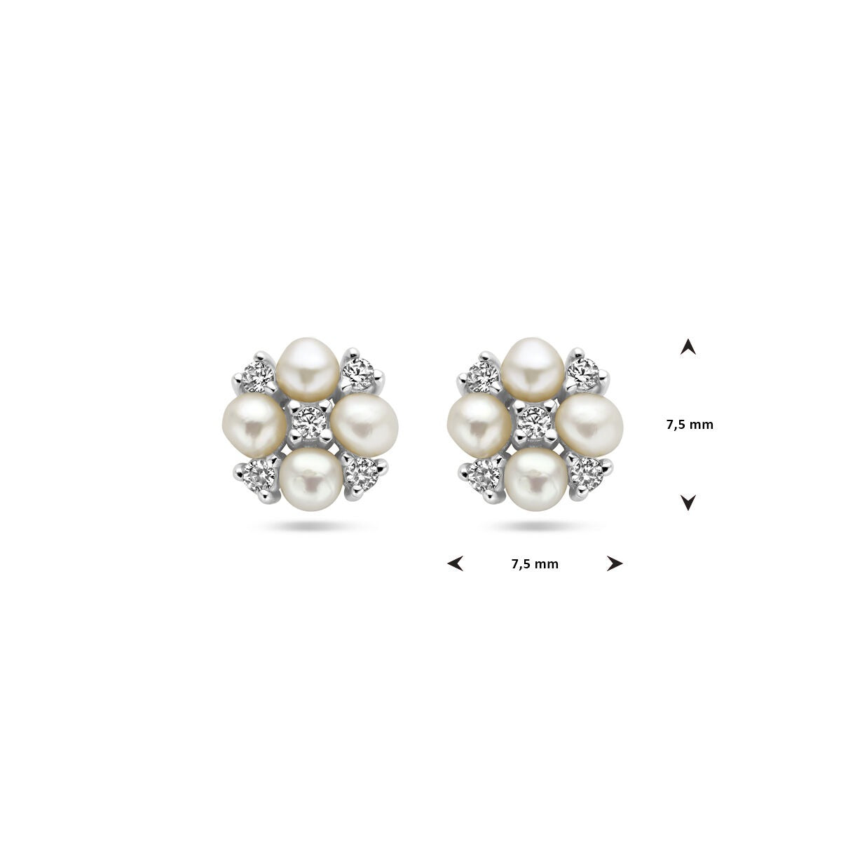 Puces d'oreilles en argent pour femme avec perle de culture et zircone – rhodié 7.5 mm