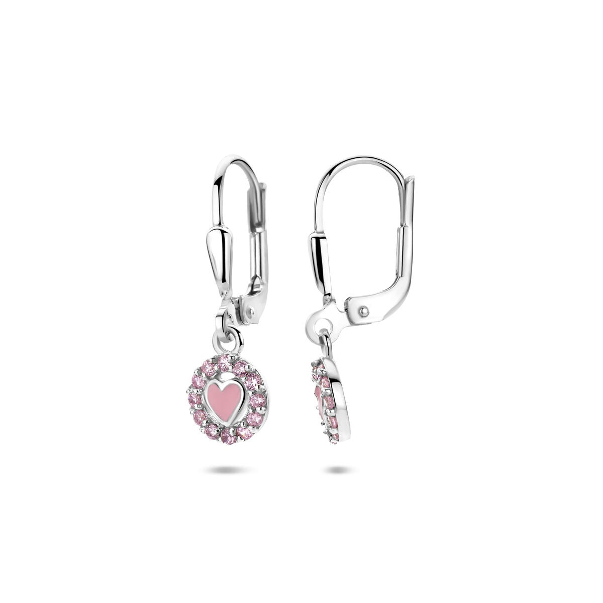 Boucles d'oreilles en argent avec cœur émaillé et zircone rose – 21 mm