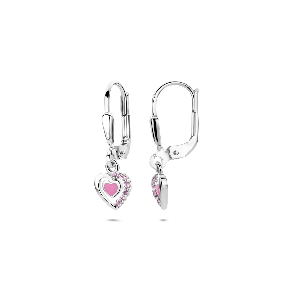 Boucles d'oreilles en argent avec cœur émaillé et zircone rose – 21 mm