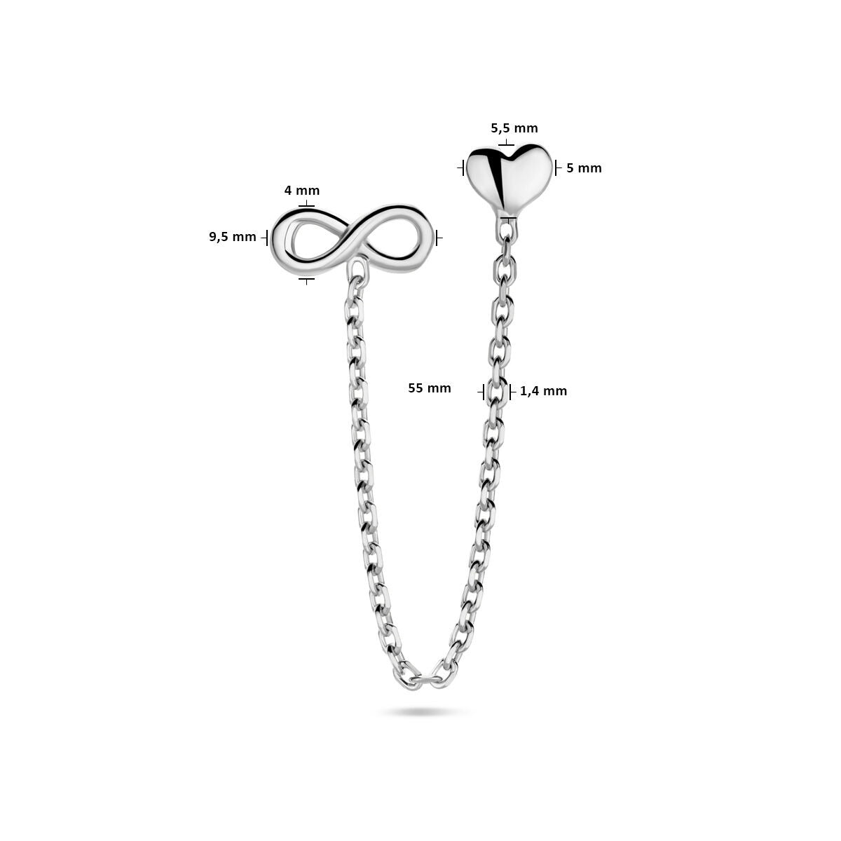 Puces d'oreilles en argent rhodié avec cœur et symbole d'infini