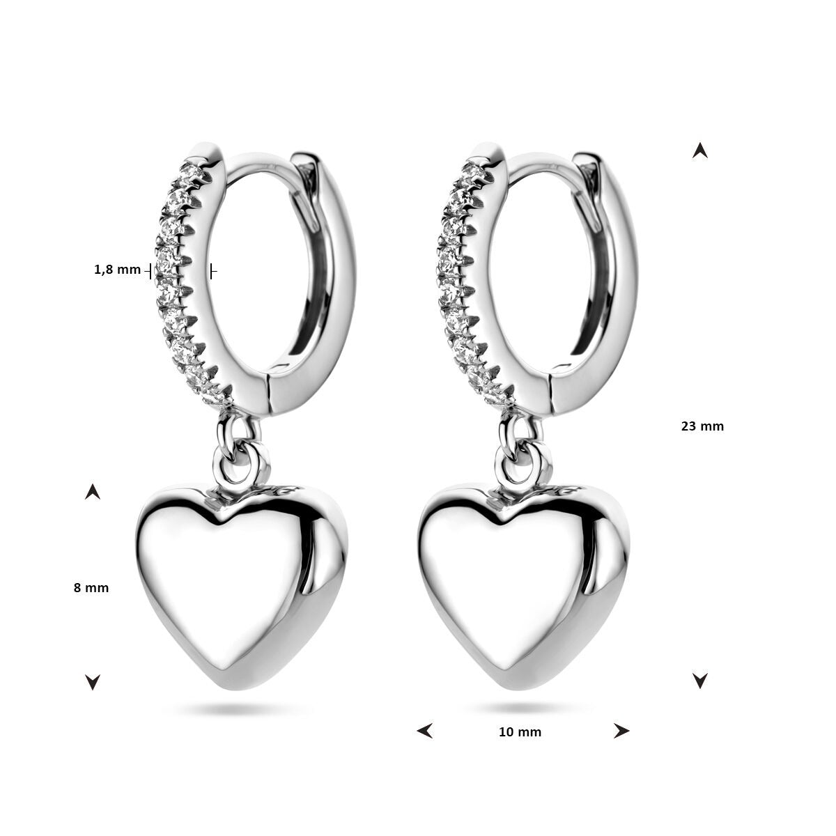 Créoles en argent avec cœur et zircone – rhodié argent 925
