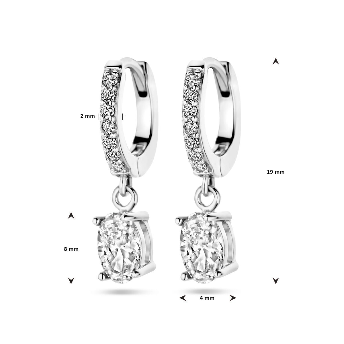 Créoles en argent rhodié avec zircone ovale en sertissage entourage