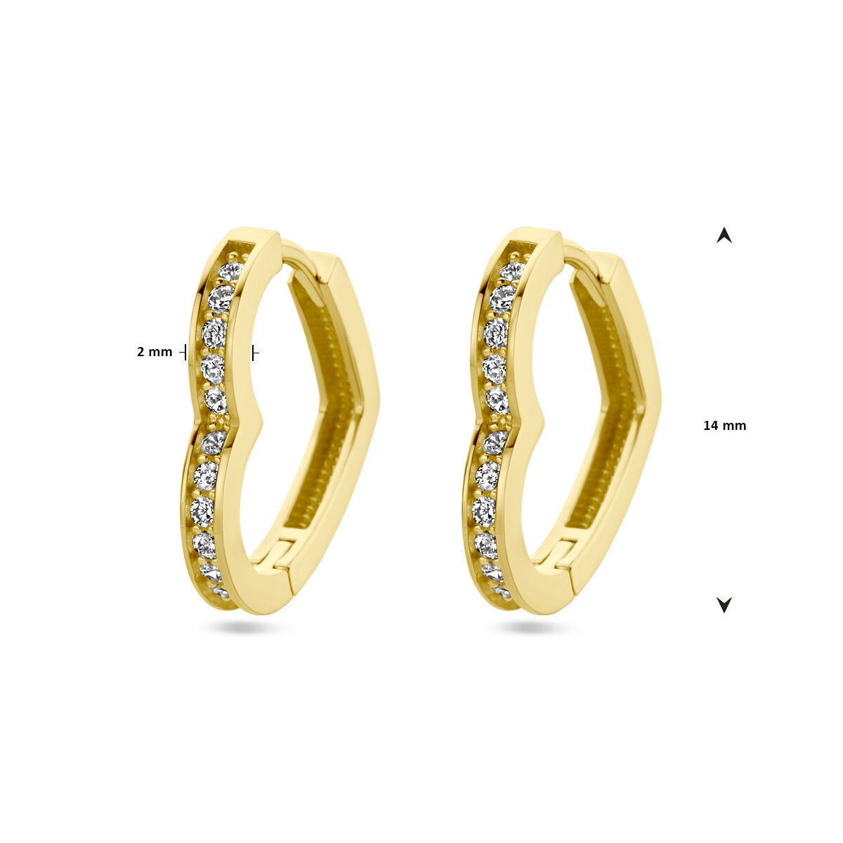 Créoles en or 14k pour femme avec cœur et zircone – 14 mm