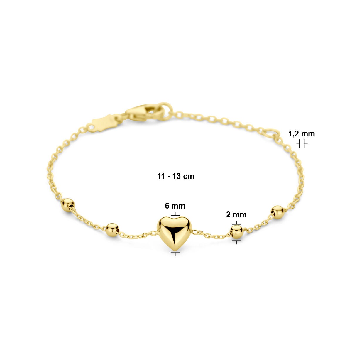 bracelet pour enfant en or jaune 14k avec cœur et billes