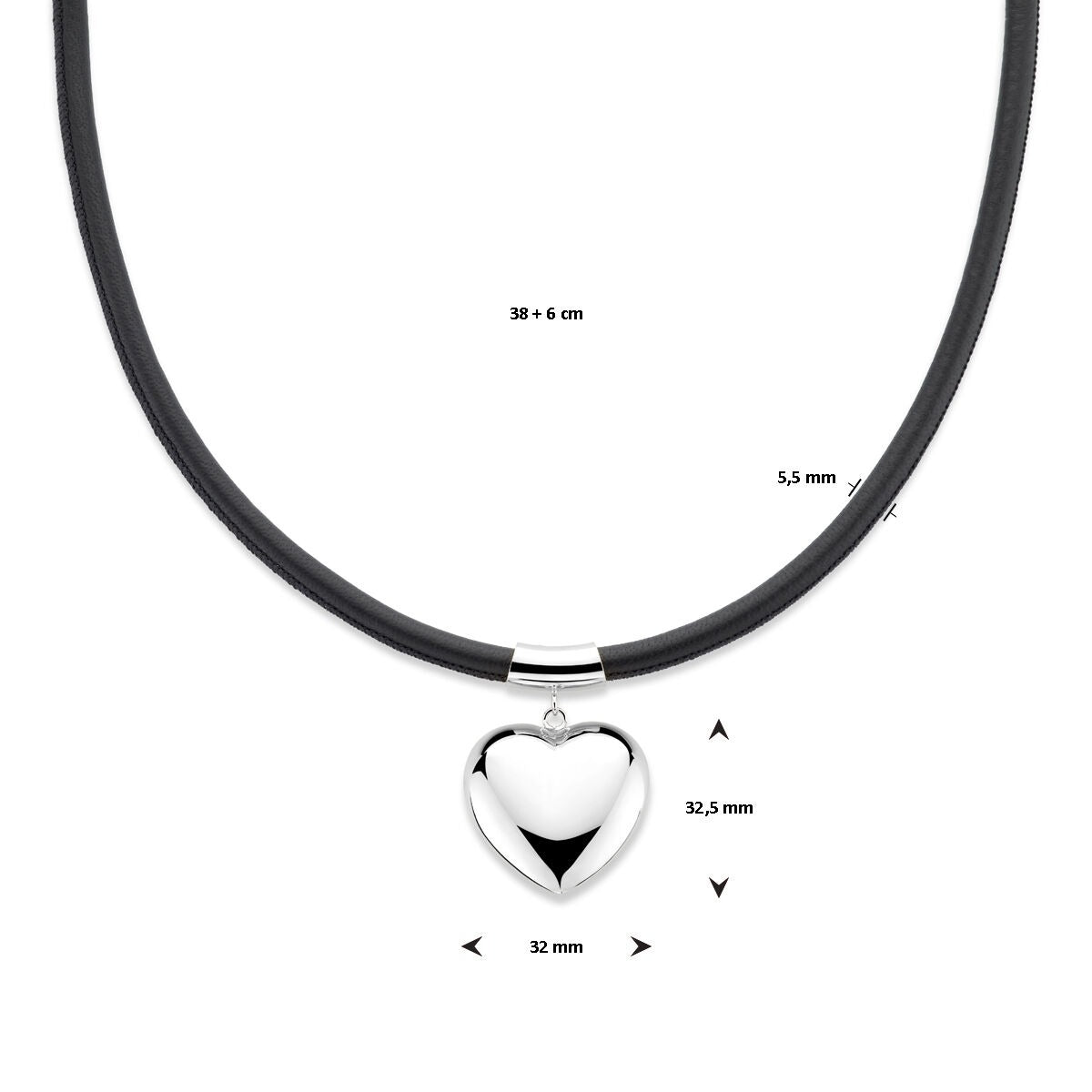 Collier en argent rhodié avec cœur et cordon noir