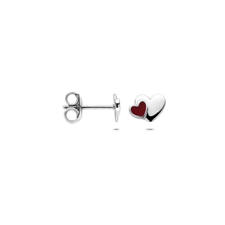 Zilveren kinder oorknoppen hartje – gerhodineerd 925 zilver met rood emaille