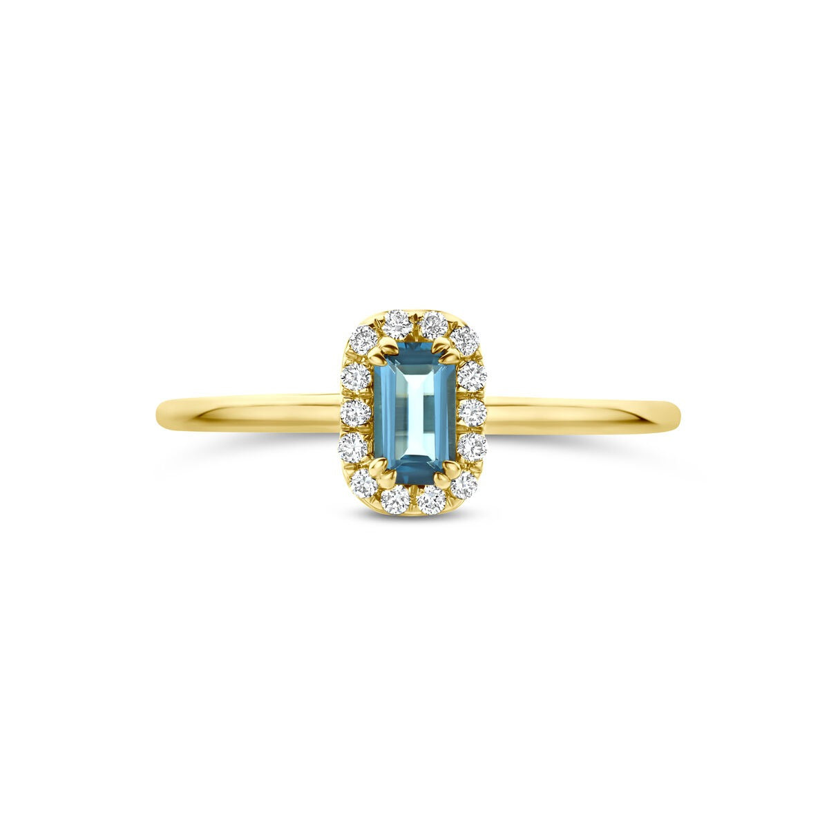 bague en or jaune 14k avec topaze bleue de Londres et diamant cultivé en laboratoire