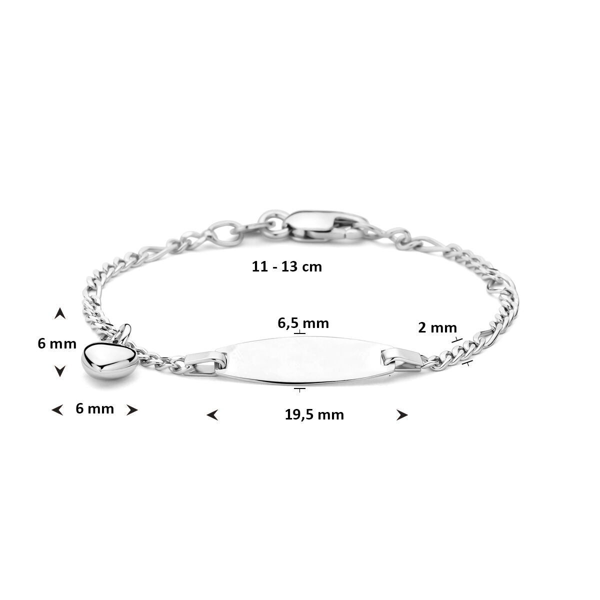 Bracelet pour enfant en argent à graver avec cœur – rhodié