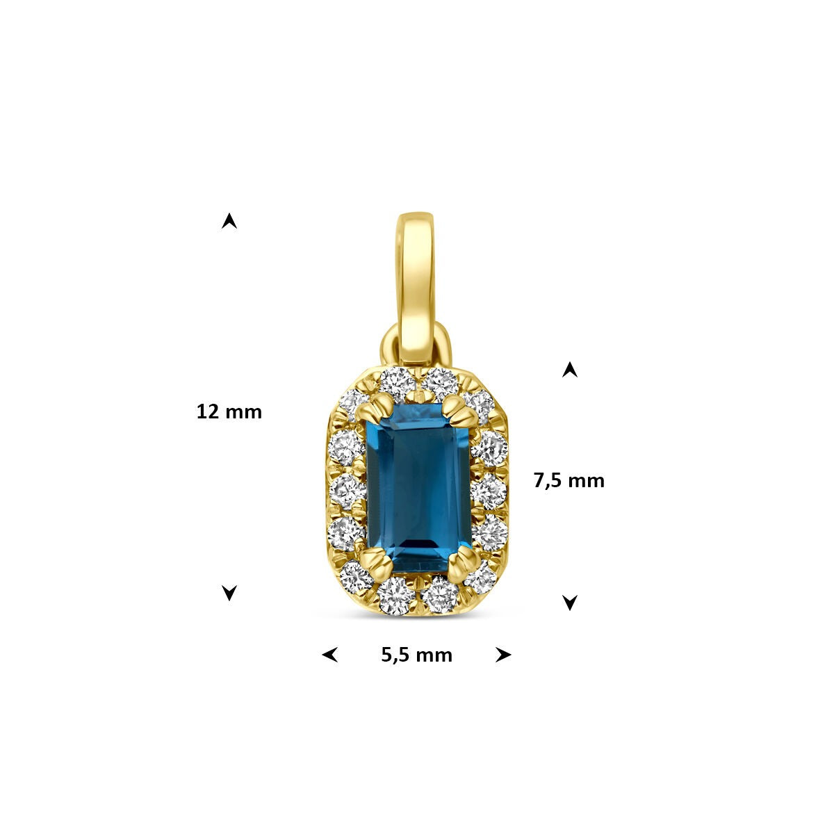 pendentif en or jaune 14k avec topaze bleue de Londres et diamant cultivé en laboratoire
