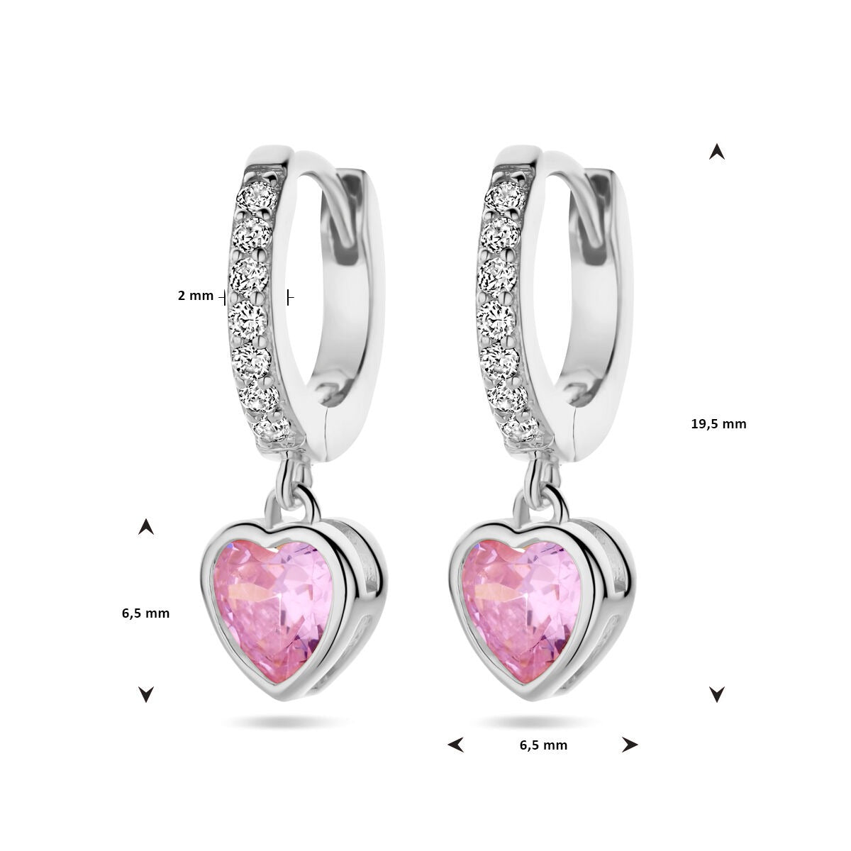 Créoles en argent rhodié avec zircone rose en forme de cœur