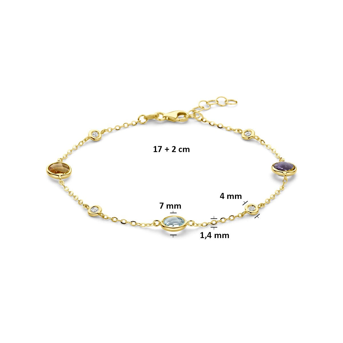 Bracelet en or jaune 14k avec citrine, améthyste, topaze et diamant