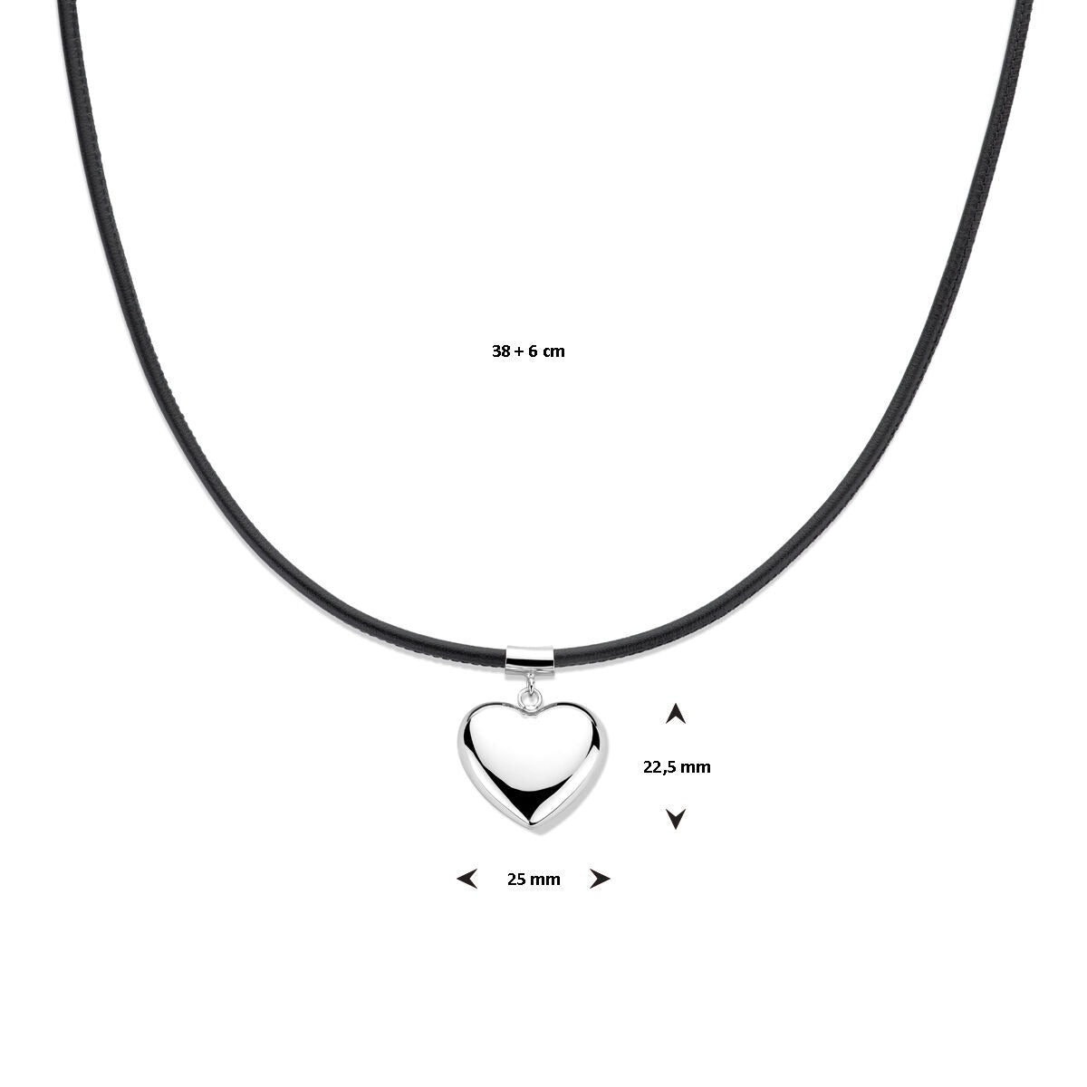 Collier en argent rhodié avec cœur et cordon noir