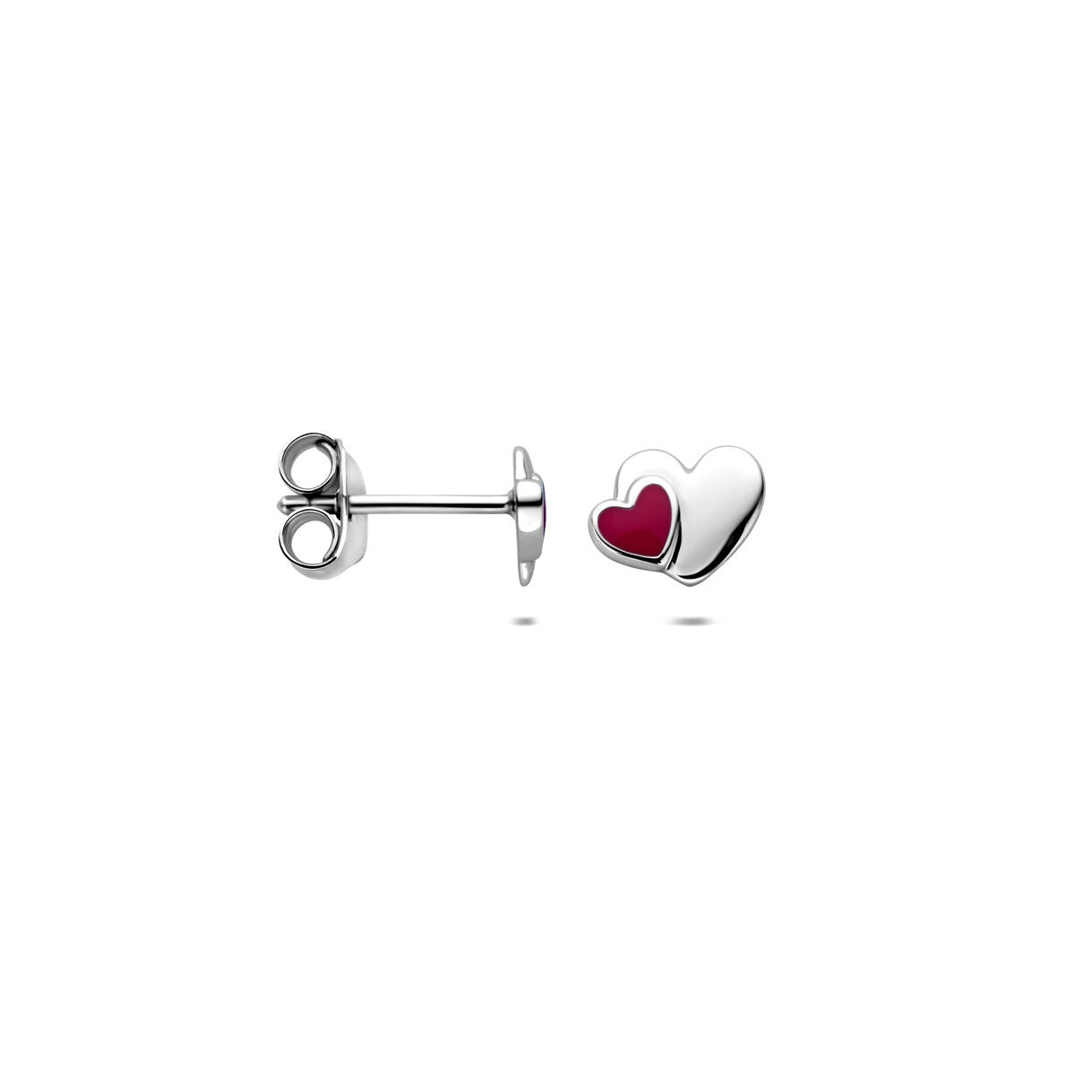 Puces d'oreilles en argent pour enfant avec un cœur en émail rose