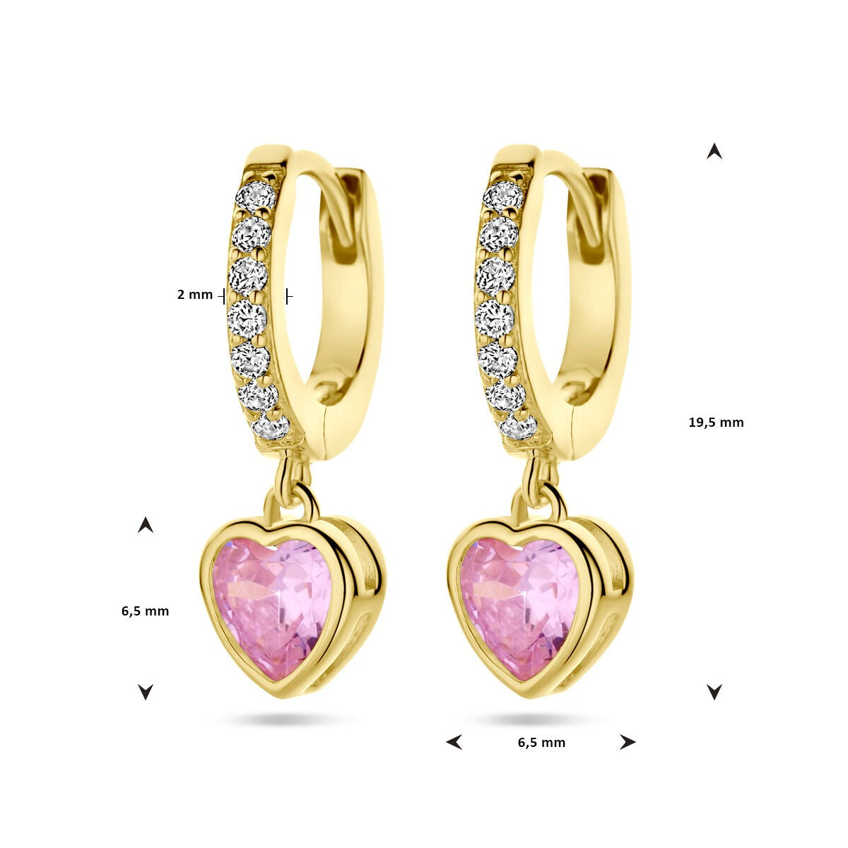 Créoles en argent plaqué or avec zircone rose en forme de cœur et accents blancs