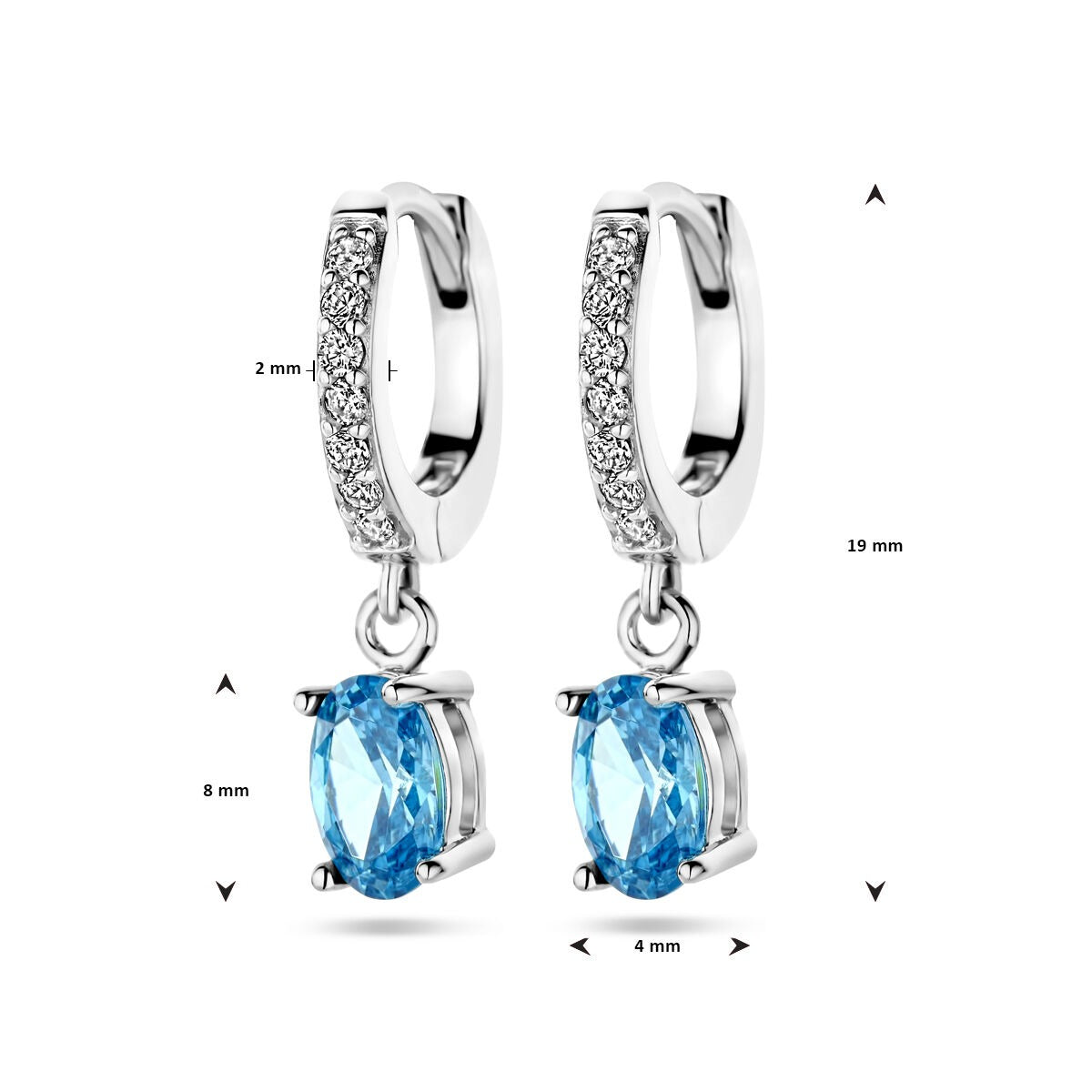 Créoles en argent rhodié avec zircones blanches et bleues