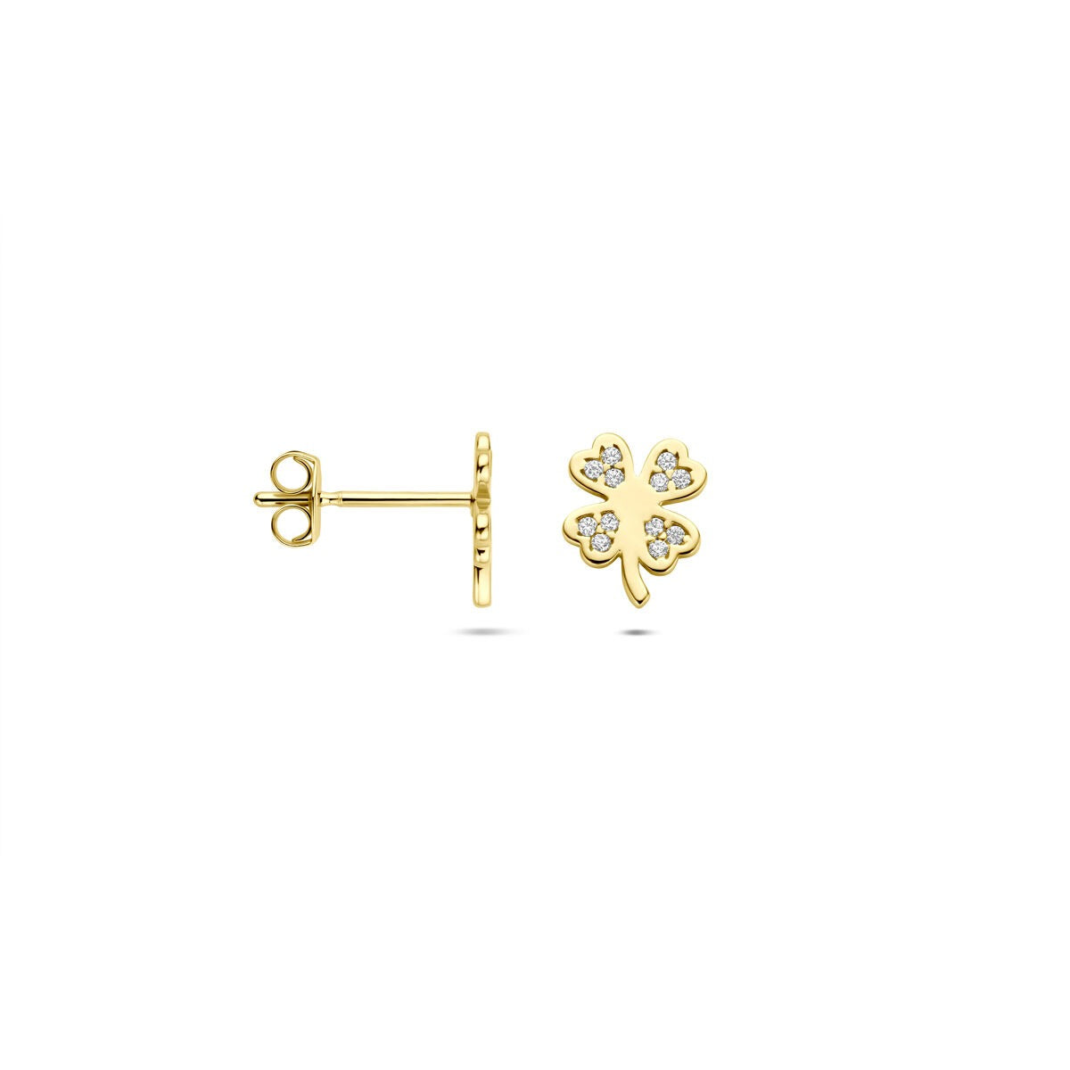 puces d'oreilles en or jaune 14k trèfle avec zircone – 7.5 x 6 mm