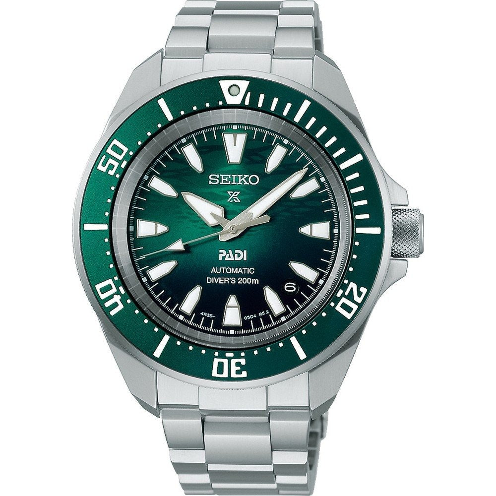 Montre pour homme Seiko avec boîtier en acier inoxydable, cadran vert et lunette verte, étanche jusqu'à 200 mètres.
