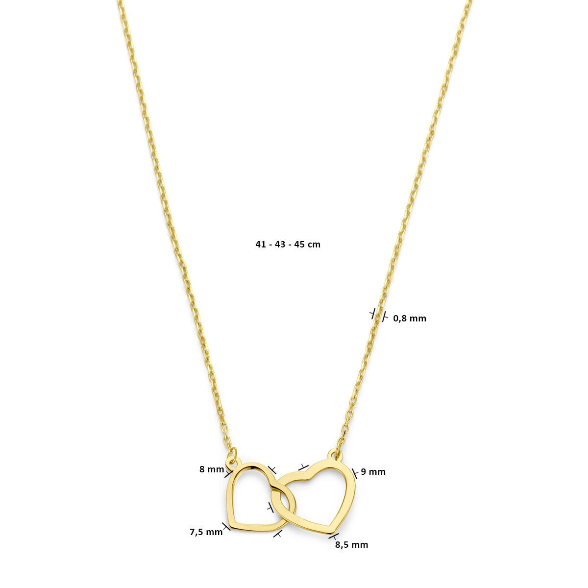 collier pour femme en or 14k avec deux cœurs – 45 cm