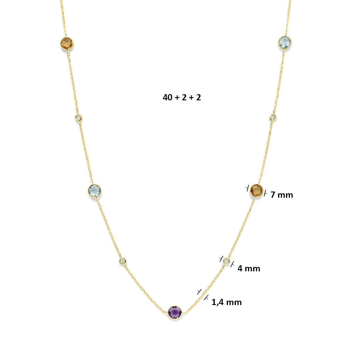 collier en or jaune 14k avec citrine, améthyste, topaze et diamant 0,25 ct