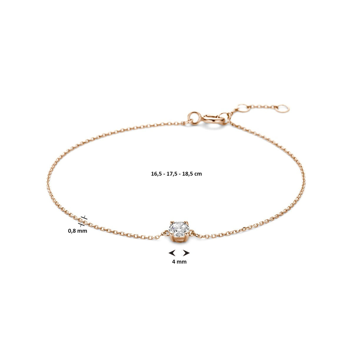 bracelet pour femme en or rose 14k avec zircone – maille ancre 16.5–18.5 cm