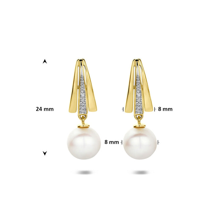 14k Geelgouden stekeroorringen met parel en diamant