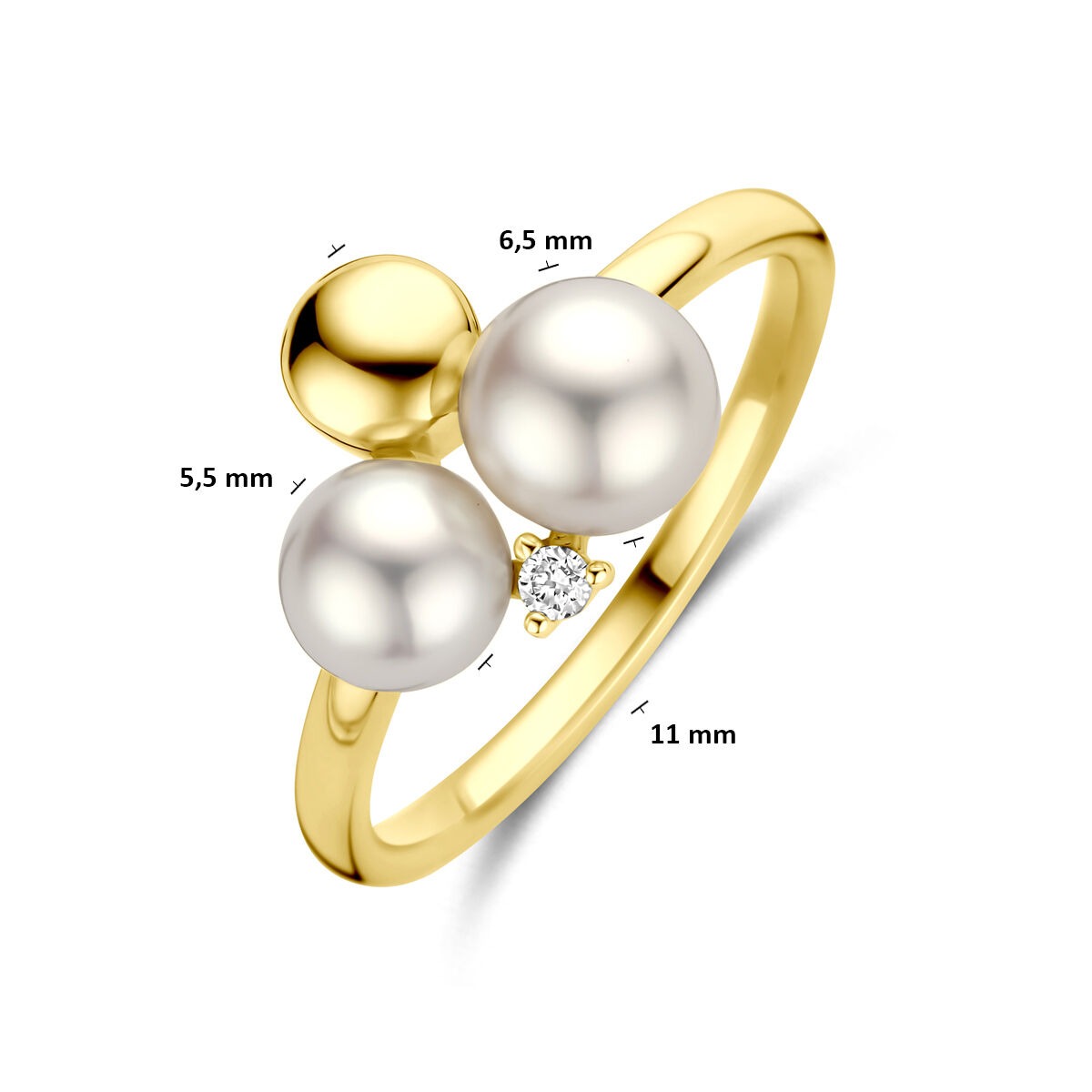 Bague pour femme en or jaune 14k avec perle et diamant – 11 mm de large