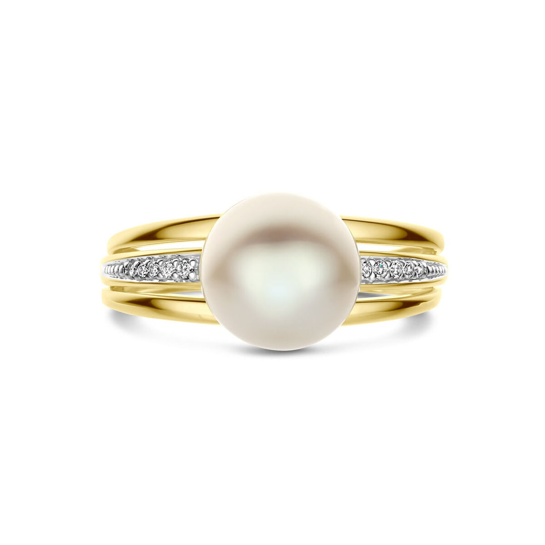 14k Geelgouden ring met parel en diamant