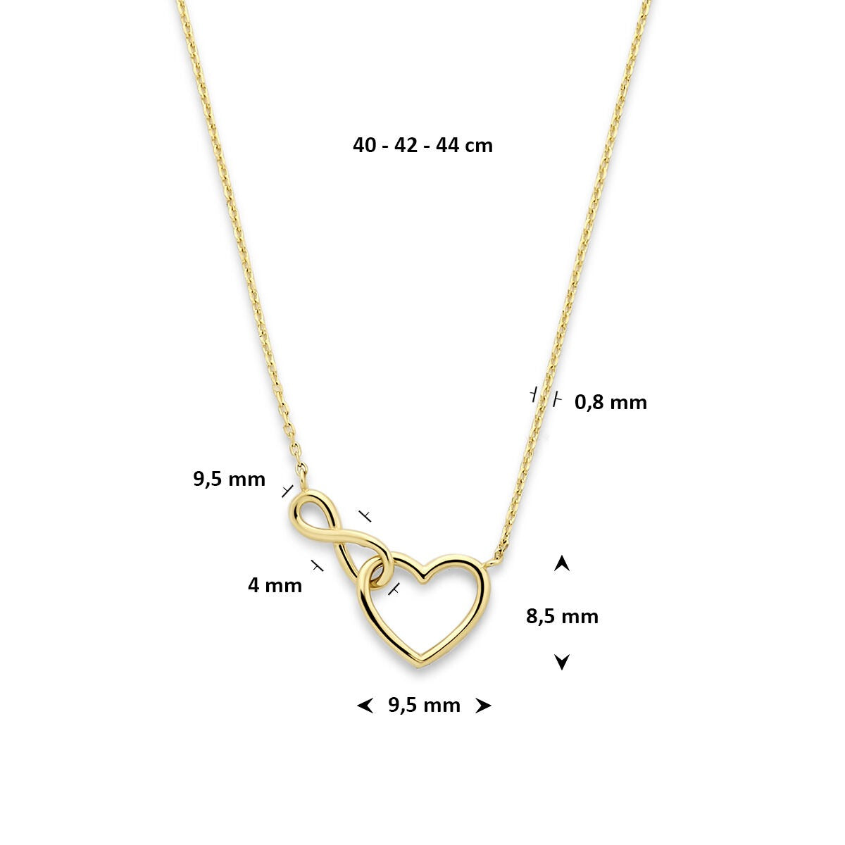 Collier en or jaune 14k avec cœur et infini
