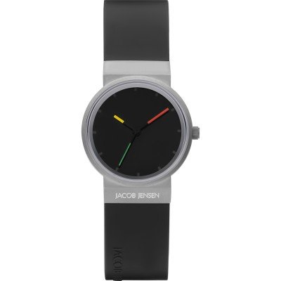 Montre avec un cadran noir, boîtier en acier inoxydable et bracelet en silicone noir, aiguilles colorées.