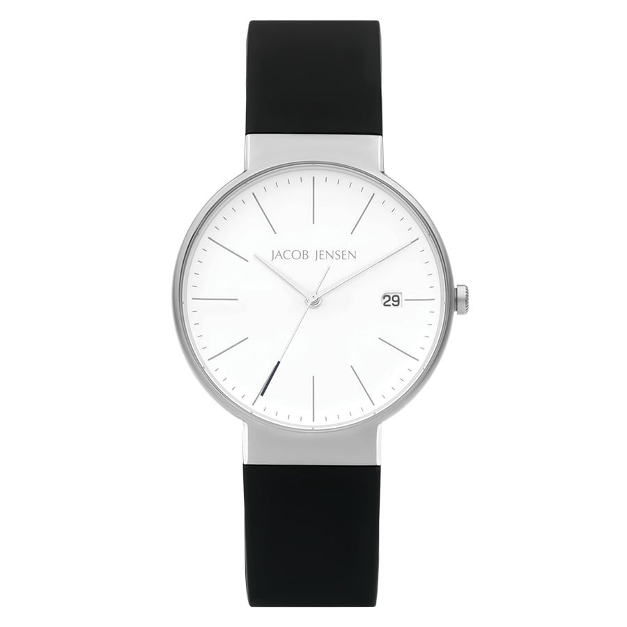 Montre à cadran argenté, boîtier en acier inoxydable et bracelet en silicone noir.