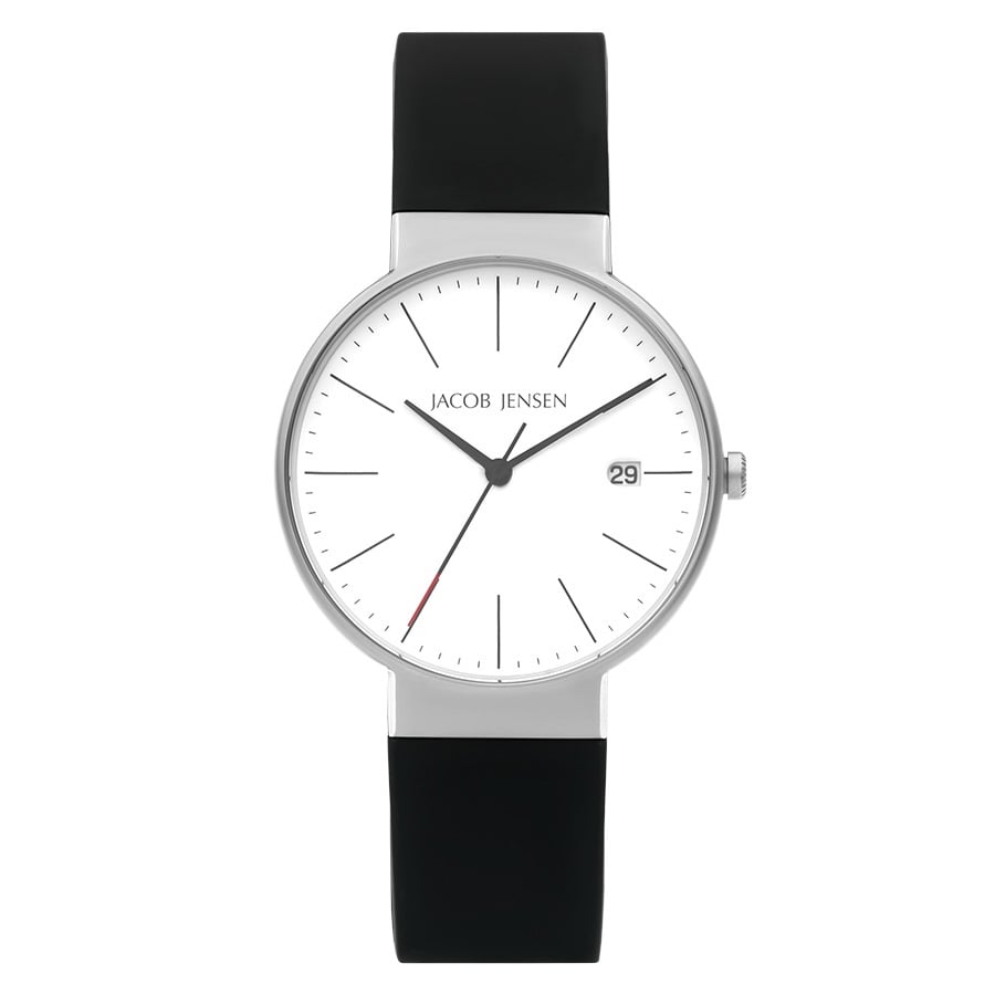 Montre argentée avec cadran blanc, bracelet en silicone noir et affichage de la date.