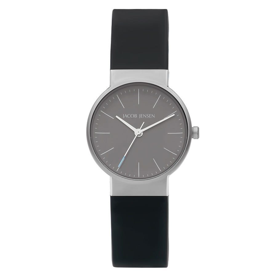 Montre avec un cadran gris, boîtier en acier inoxydable et bracelet en silicone noir.