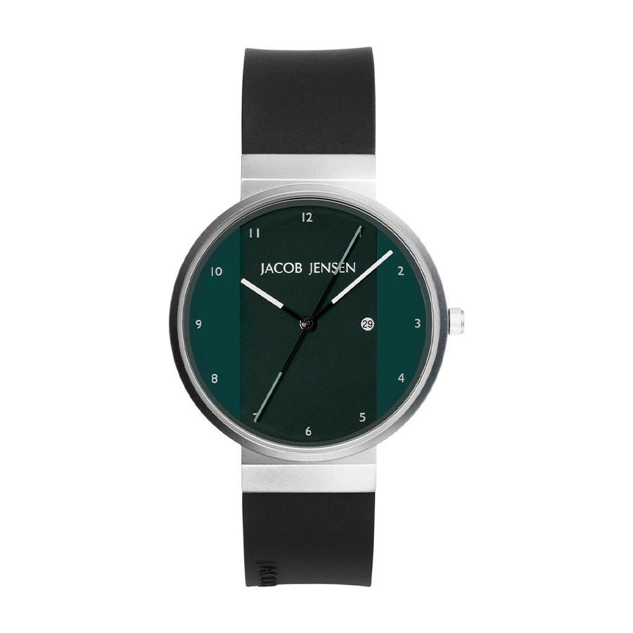 Montre avec un cadran vert, boîtier en acier inoxydable et bracelet en silicone noir.