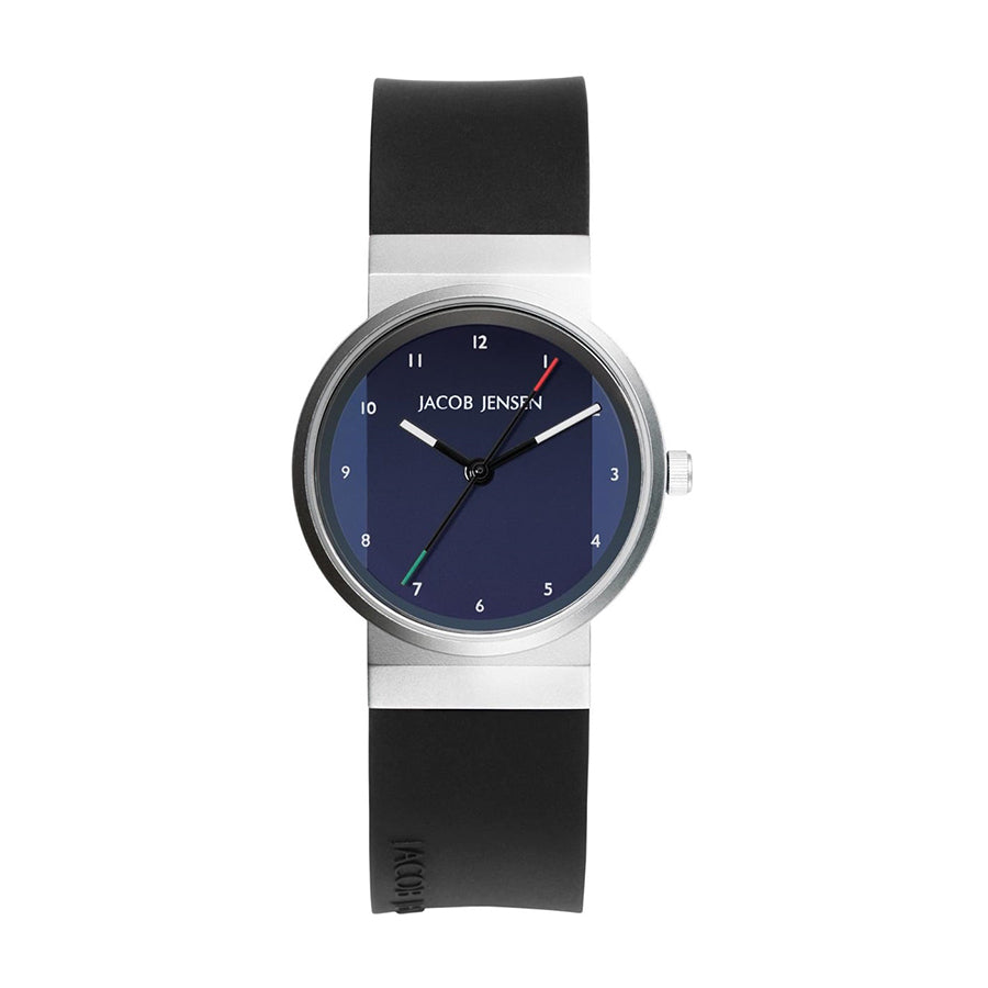 Montre avec boîtier en acier inoxydable, cadran bleu, bracelet en silicone noir.