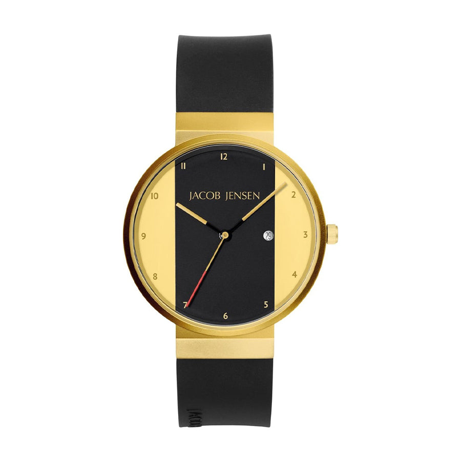 Montre dorée avec cadran noir, bracelet en silicone noir et aiguille rouge.