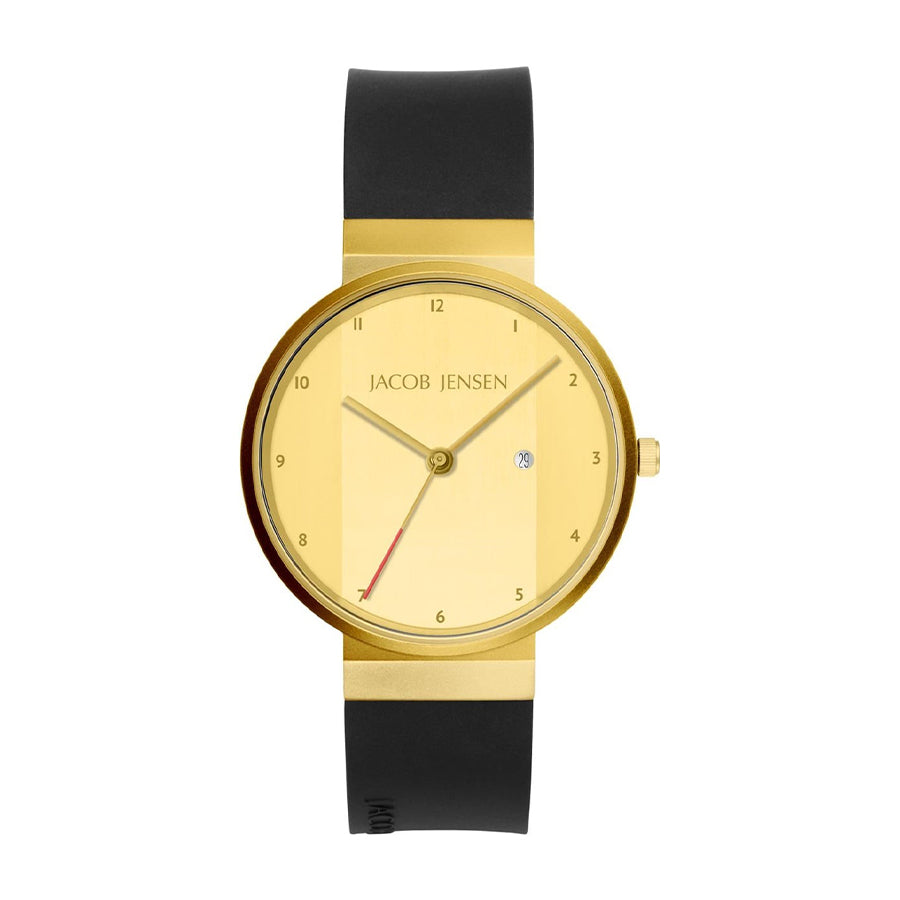 Montre dorée avec cadran jaune et bracelet en silicone noir.