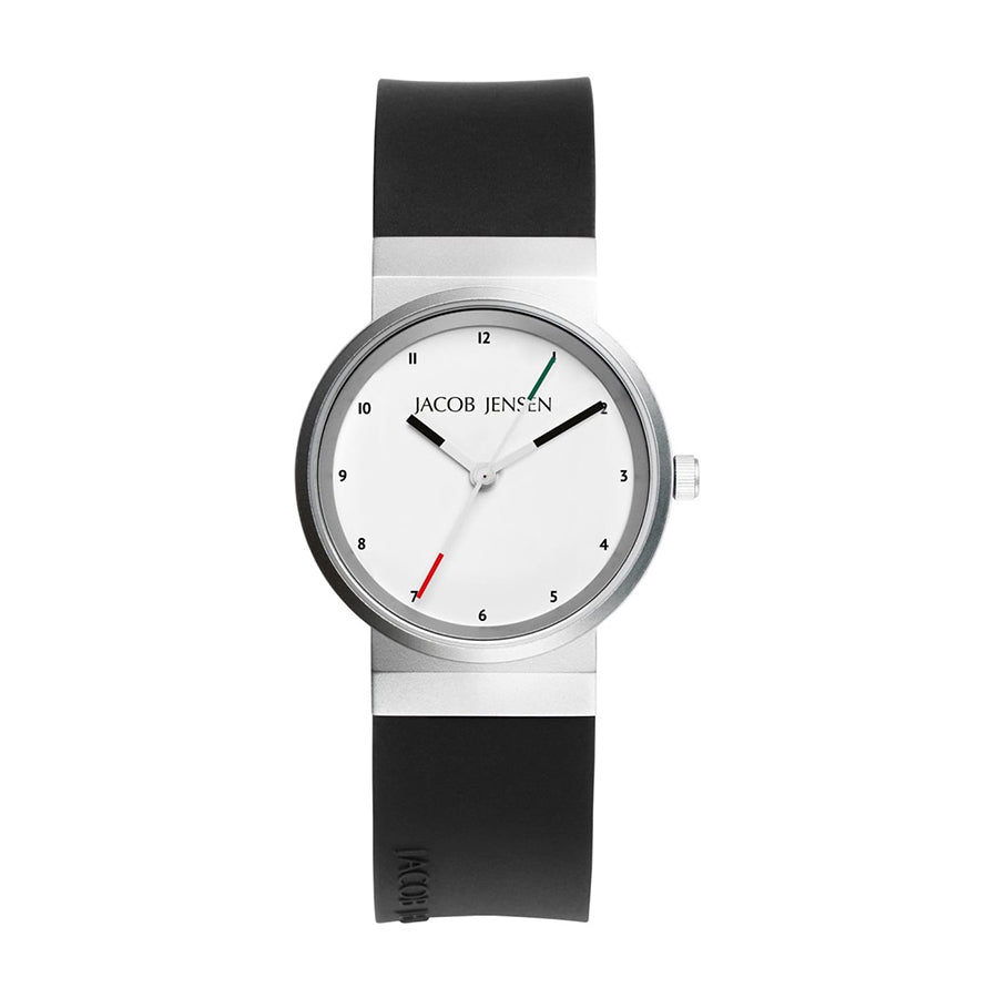 Montre en acier inoxydable avec cadran blanc et bracelet en silicone noir.