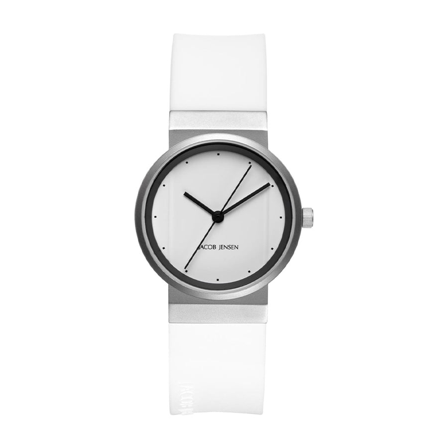 Montre avec boîtier en acier inoxydable, cadran blanc et bracelet en silicone transparent.