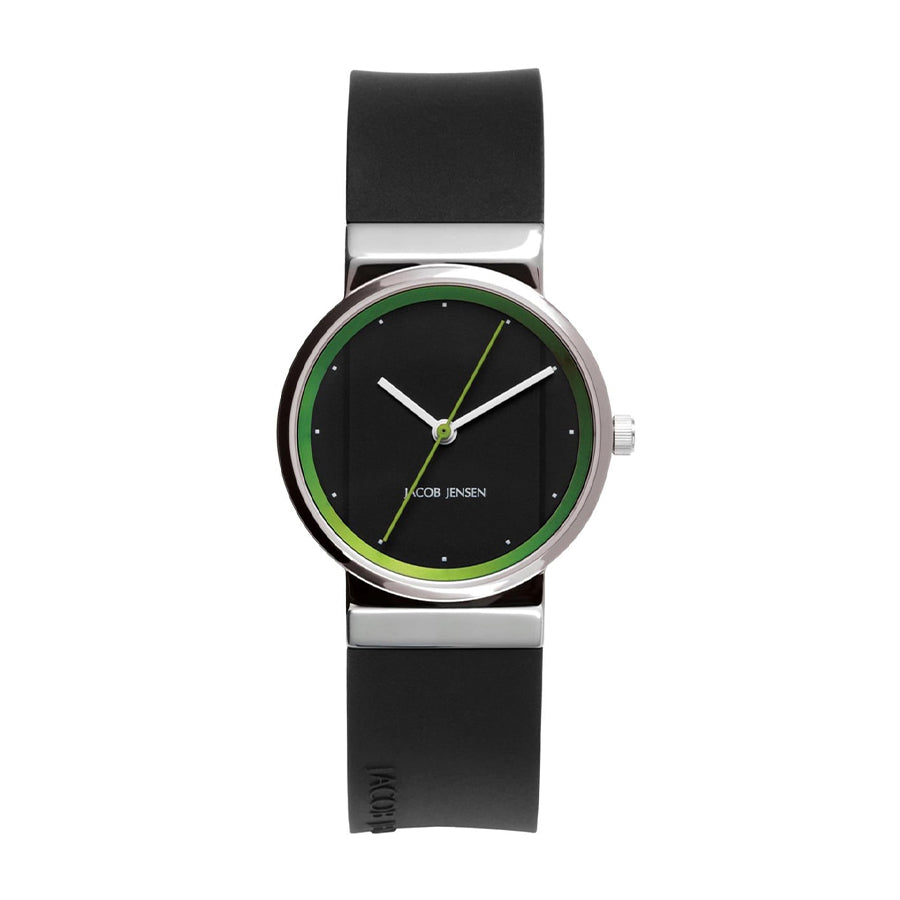 Montre avec un cadran noir, boîtier en acier inoxydable et bracelet en silicone noir, détails verts.