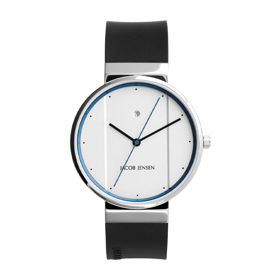 Montre avec un cadran blanc, boîtier en acier inoxydable et bracelet en silicone noir.