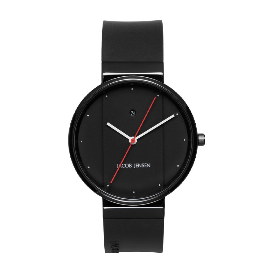 Montre noire avec un cadran noir, aiguilles rouges et bracelet en silicone.