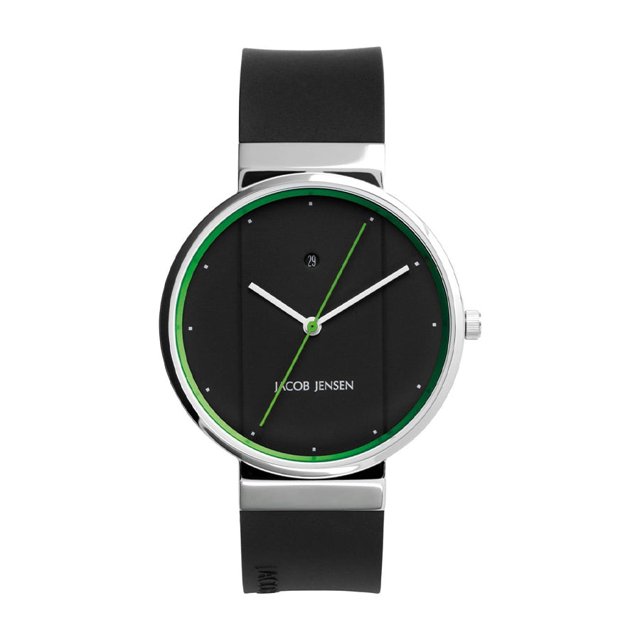 Montre avec un cadran noir, aiguilles vertes et boîtier en acier, bracelet en silicone noir.