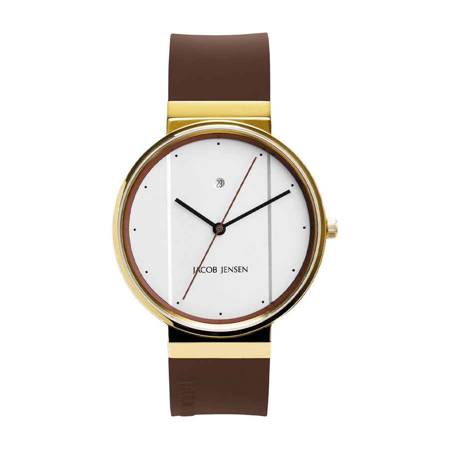 Montre avec boîtier doré, cadran blanc, bracelet en silicone marron et aiguilles noires.