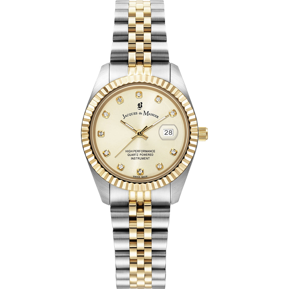 Montre en acier inoxydable bicolore avec cadran doré, index en strass et dateur.