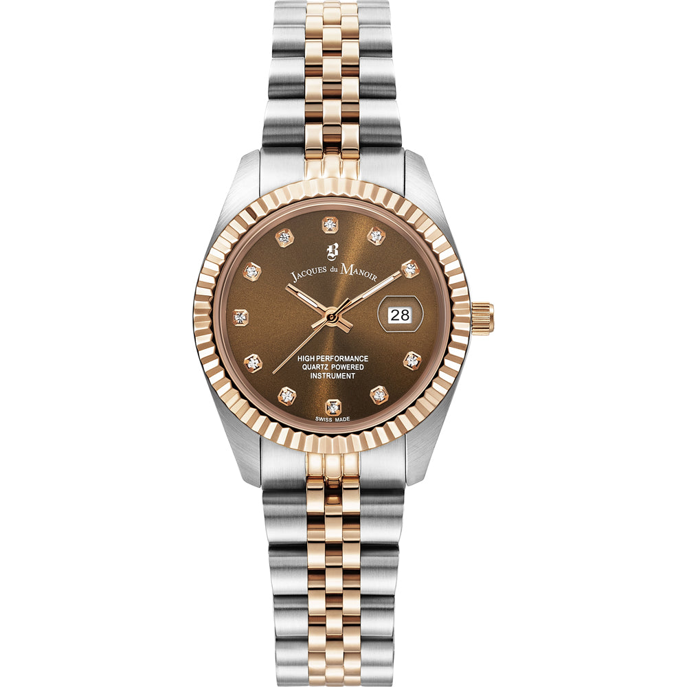 Montre en acier inoxydable avec cadran marron, index en diamants et bracelet bicolore.