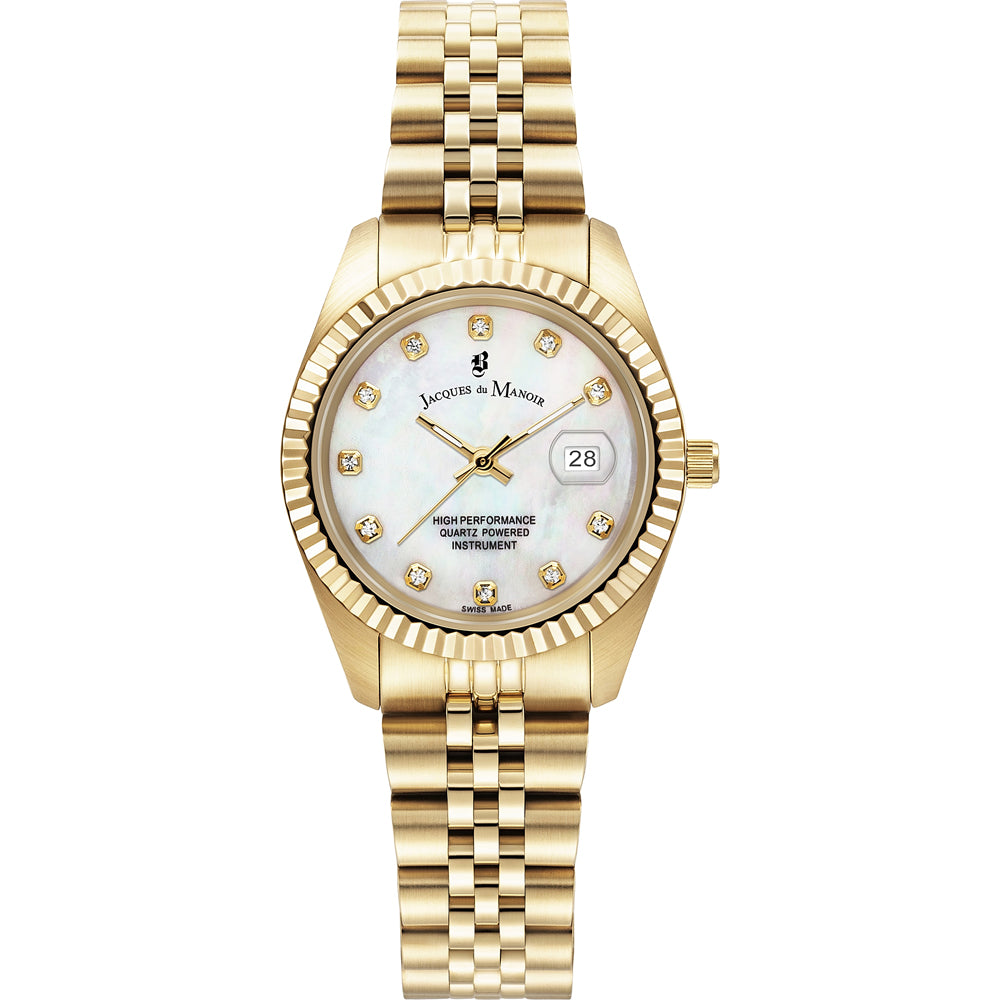Montre dorée de 31 mm avec cadran en nacre et bracelet à maillons.