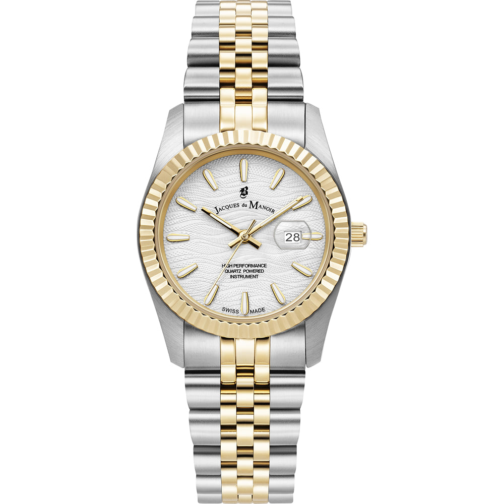 Montre en acier inoxydable avec bracelet bicolore argenté et doré, cadran argenté et lunette cannelée.